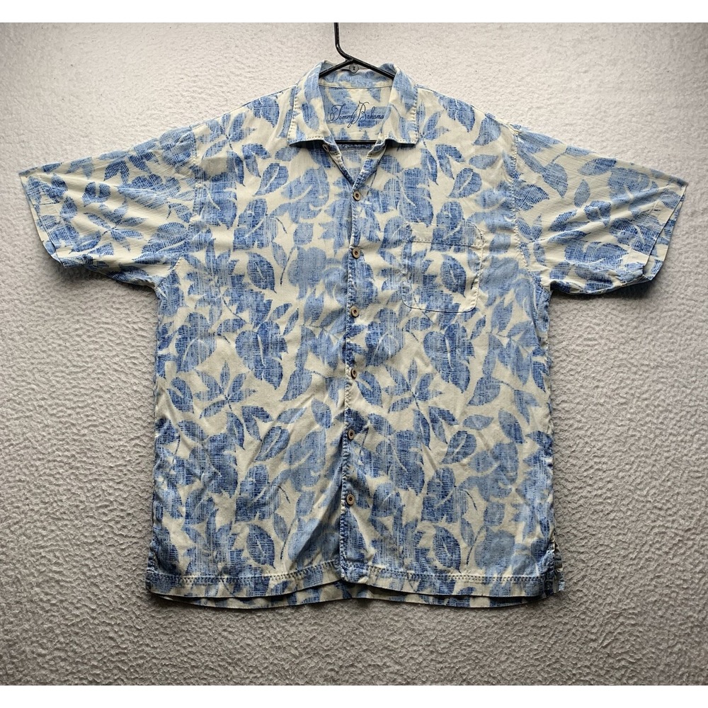 Tommy Bahama Silk Hawaiian Shirt Mens Large L Blue Cream Floral Allover Pattern